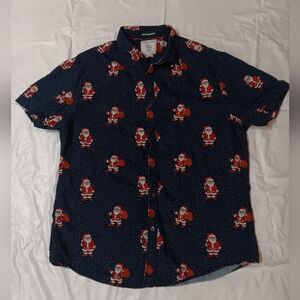 Denim & Flower Short Sleeve Button Up Navy Santa Print Casual Shirt Size L